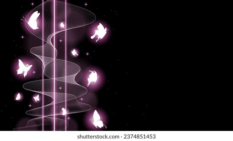 Abstract Dark Background With Butterflies Insects Glow Light Shine Flashes Vector Design Style