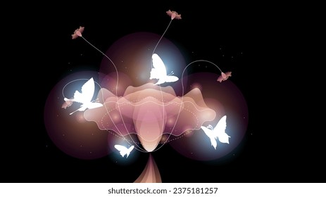 Abstract Dark Background With Butterflies Insects Glow Light Shine Flashes Vector Design Style