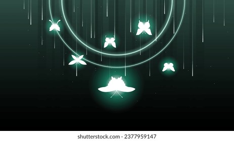 Abstract Dark Background With Butterflies Insects Glow Light Shine Flashes Vector Design Style