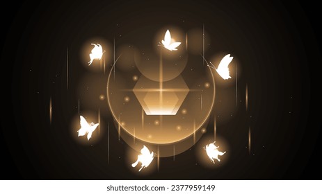 Abstract Dark Background With Butterflies Insects Glow Light Shine Flashes Vector Design Style