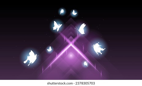 Abstract Dark Background With Butterflies Insects Glow Light Shine Flashes Vector Design Style