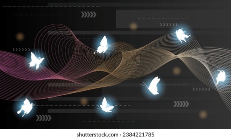 Abstract Dark Background With Butterflies Insects Glow Light Shine Flashes Vector Design Style