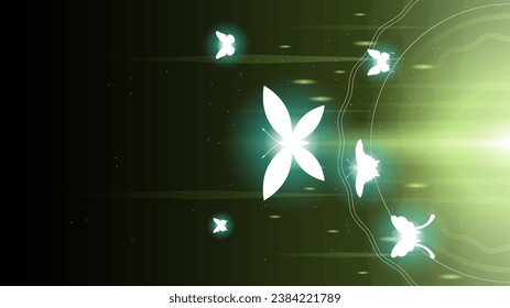 Abstract Dark Background With Butterflies Insects Glow Light Shine Flashes Vector Design Style