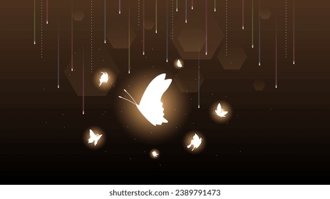 Abstract Dark Background With Butterflies Insects Glow Light Shine Flashes Vector Design Style