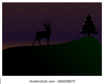 Abstract dark background, Christmas tree, stars in the sky, deer, vector illustration