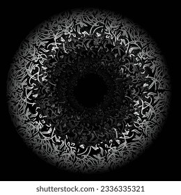 Abstract dark background with circle caligraphic symbols white colours. Black and white pattern islamic and arabic lines