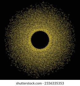 Abstract dark background with circle calligraphic symbols yellow colours. Black and yellow pattern lines with perspective gradients
