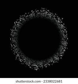 Abstract dark background with circle calligraphic symbols white colours. Black and white pattern lines with perspective gradients