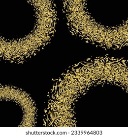 Abstract dark background with circle calligraphic symbols golden colours. Orange and yellow pattern lines with perspective gradients