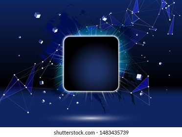 Abstract dark background with colorful brush stroke, black halftone blot, triangular dotted grid and frame