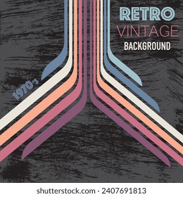 Abstract dark background with colour lines. Retro colors and shapes linear wallpaper. Vintage geometric linear wallpaper with grunge pattern