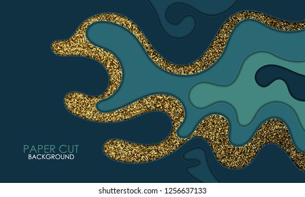 
Abstract dark background with cut-out paper shapes and gold glitter particles.