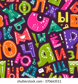 Abstract dark background with cyrillic russian alphabet letters. Cute seamless pattern with colorful letters.  