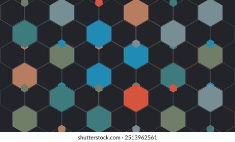 ABSTRACT DARK BACKGROUND DESIGN WITH GEOMETRIC HEXAGON PASTEL COLOR SHAPES PATTERN VECTOR TEMPLATE GOOD FOR MODERN WEBSITE, WALLPAPER, COVER DESIGN 