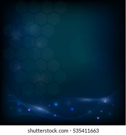 Abstract dark background design with hexagons, lines and glow 