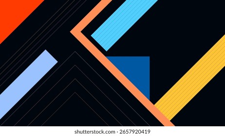 ABSTRACT DARK BACKGROUND WITH DIAGONAL GEOMETRIC LINES SHAPES AND TRIANGLE FLAT BLUE ORANGE PURPLE COLORFUL DESIGN VECTOR 