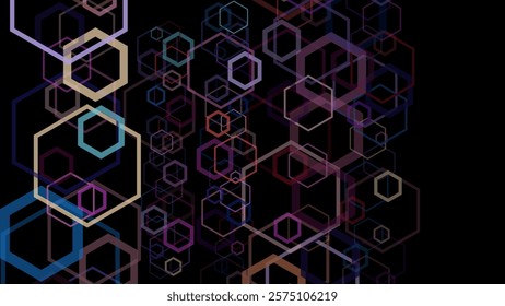 ABSTRACT DARK BACKGROUND ELEGANT FLAT COLORFUL DESIGN WITH HEXAGON GEOMETRIC SHAPES VECTOR TEMPLATE GOOD FOR MODERN BUSINESS PRESENTATION, POSTER, COVER DESIGN 