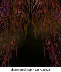 Abstract dark background with extraordinary drawn pattern. Stylised peacock feathers. To be used for fabric design, conceprt fashion banner. Colorful ornament. Boho chic.
