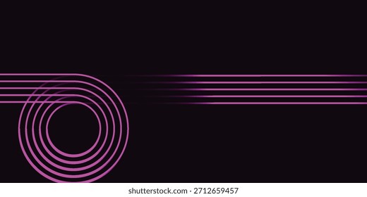 Un fondo oscuro abstracto presenta círculos concéntricos de color púrpura brillante a la izquierda, desde los cuales se extienden líneas Horizontales paralelas hacia la derecha, creando una estética futurista y digital.