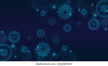 Abstract dark background featuring blue gears and hexagonal patterns ideal for tech themes and presentations