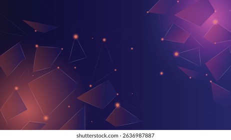 Abstract dark background featuring glowing gradient polygons and light dots in a deep blue and purple theme ideal for tech designs and modern interfaces
