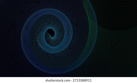 Fundo escuro abstrato com uma intrincada espiral geométrica com linhas de néon finas e fluentes que fazem a transição do azul frio para o verde vibrante, simbolizando tecnologia e movimento
