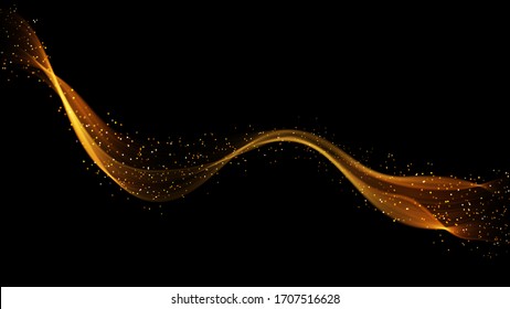 Abstract dark background with fire or gold curves. Light line gold swirl effect. Vector glitter light fire flare with sparkling particles on black background. Magic sparkle swirl magic effect.