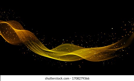 Abstract dark background with fire or gold curves. Light line gold swirl effect. Vector glitter light fire flare with sparkling particles on black background. Magic sparkle swirl magic effect.