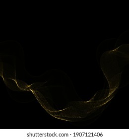 Abstract dark background with fire or gold curves. Light line gold swirl effect. Vector glitter light fire flare with sparkling particles on black background. Magic sparkle swirl magic effect.