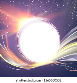 Abstract dark background. Flashing particles fly through dark space. Clean frame in form of circle at the center of card. Vector illustration.