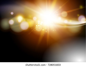 Abstract dark background. Flashing particles fly through dark space. Vector illustration.