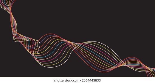 Abstract dark background with flowing wave lines. Glowing wavy lines. Shiny colorful moving lines design element. Modern dynamic wave pattern. Futuristic technology concept.