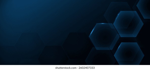 Abstract dark background with glowing blue hexagons and futuristic tech style