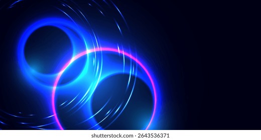 Abstractas fondo oscuro con círculos de neón azul y rosa brillante