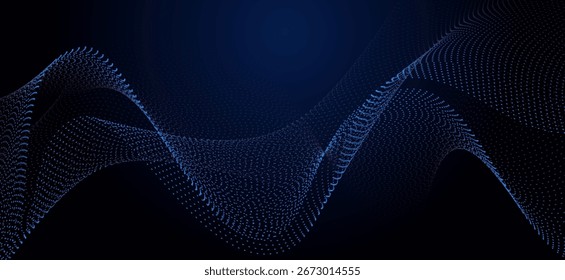 Abstrakter dunkler Hintergrund mit leuchtend blauer Digitalwelle aus kleinen Punkten, futuristisches Technologiedesign, moderner 3D-Flow-Effekt.
