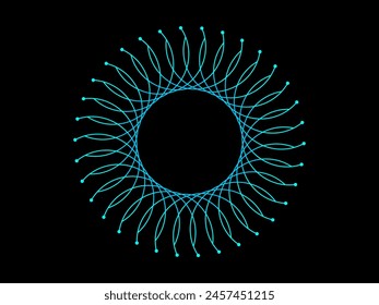 Abstract dark background with glowing circle geometric lines in blue green light rounded lines pattern. Concept of music, technology, digital, poster, cover, banner, brochure, website, flyer
