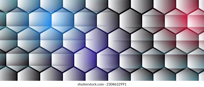 Resumen del fondo oscuro con hexágonos brillantes morado, azul, rojo, tecnológico, neón moderno