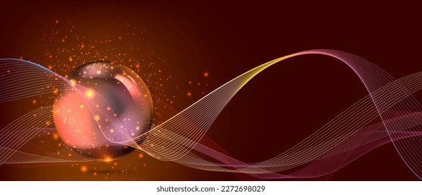 Resumen de fondo oscuro con olas brillantes con brillantes elementos de bola dorada brillante y polvo dorado brillante. Diseño de líneas móviles brillantes. Línea de onda de flujo de degradado moderno.