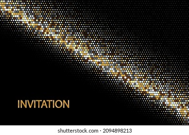 Abstract dark background of gold and silver dots, halftone design, invitation