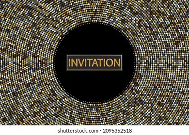 Abstract dark background of gold and silver dots, halftone frame, invitation