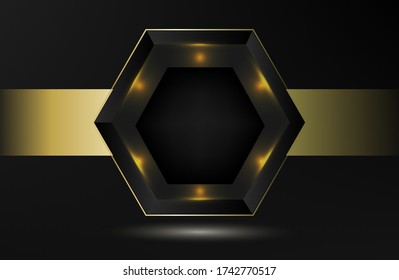 abstrakter dunkler Hintergrund mit goldenem Streifen und Podium mit Polygon. Vektor-Abbildung