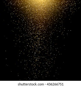 Abstract dark background with golden dust and source of light. Vector illustration.