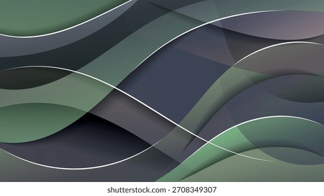 Abstract dark background in green and gray tones. Beautiful composition of overlapping smooth translucent shapes, wavy stripes. template for your projects. Vector.