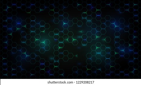 Abstract dark background with green luminous hexagons, technology, neon