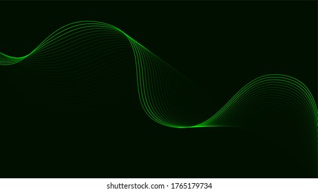Abstract dark background with green wave. Flowing colorful dynamic lines. Vector illustration.