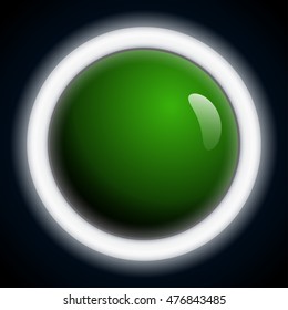 Abstract dark background with illuminated ring and a glossy green ball. A lot of empty space for text.