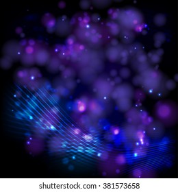 Abstract dark background with light blue lines and purple glowing bokeh