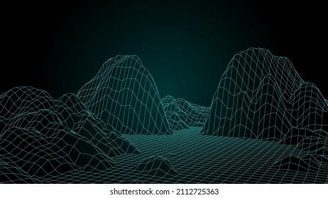 Abstract dark background with linear grid. The framework of the landscape. Polygonal map of the area. 3d vector illustration