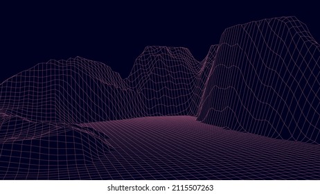 Abstract dark background with linear grid. The framework of the landscape. Polygonal map of the area. 3d vector illustration