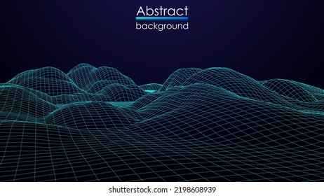 Abstract dark background with linear grid. The framework of the landscape. Polygonal map of the area. 3d vector illustration
